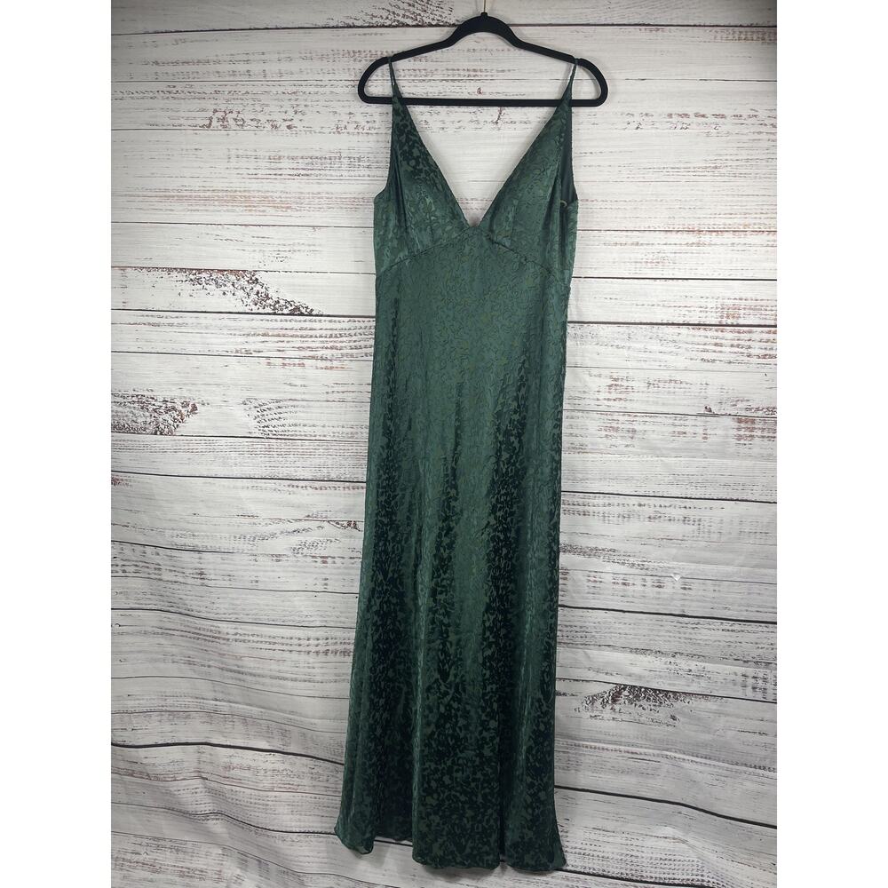 Jenny Yoo Collection Dress Women's 14 Green Jacquard Satin Slip Maxi Formal Gown